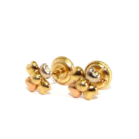 Arete para bebes oro 18k - Trebol 4 hojas de 3 oros Arete para bebes oro 18k