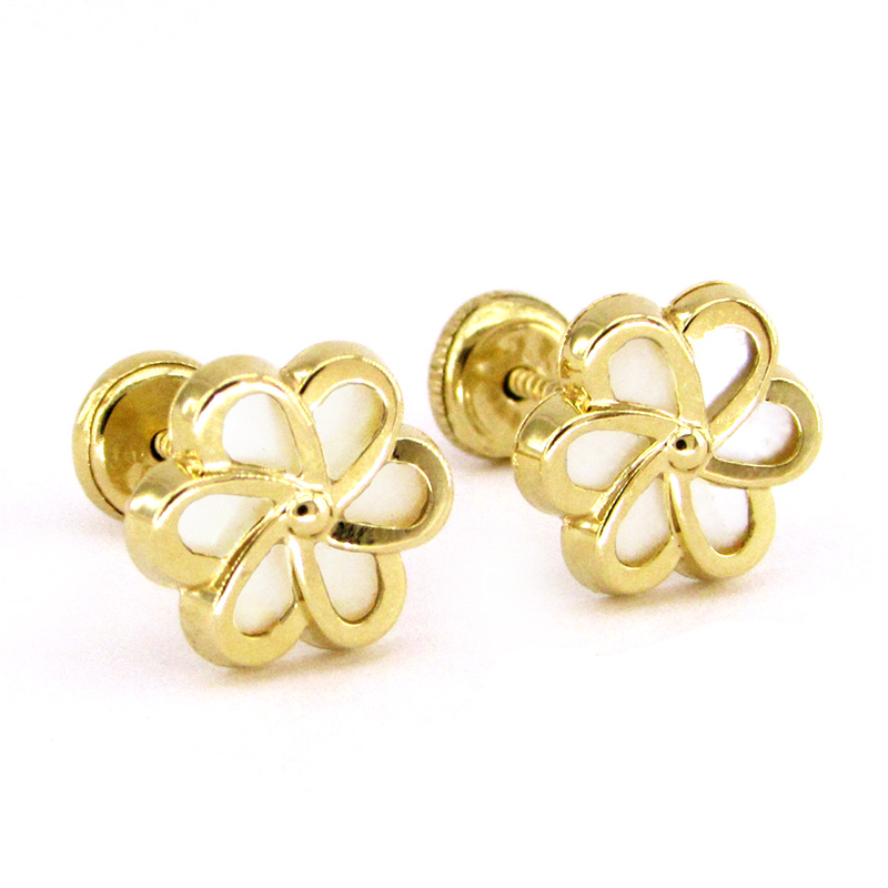 Aretes Flor Nacarada Oro De 14k Baby Gold Peru